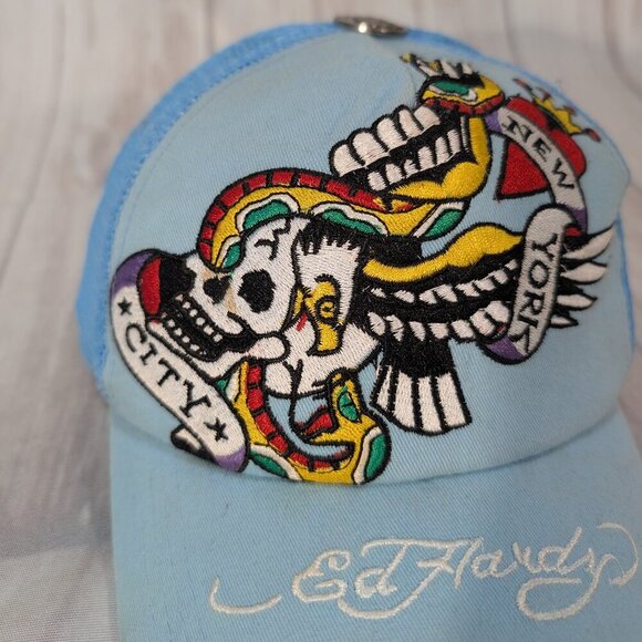 Ed Hardy Vintage Tattoo Wear Light Blue Skull Wing New York City Trucker Cap - Picture 3 of 10